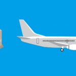 Illustration of a unit loading device (ULD) next to an airplane.