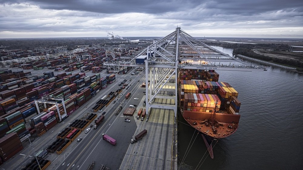 Eight cranes working on the Ulsan Express container ship at the Garden City Terminal in Savannah, GA, on February 2, 2022.