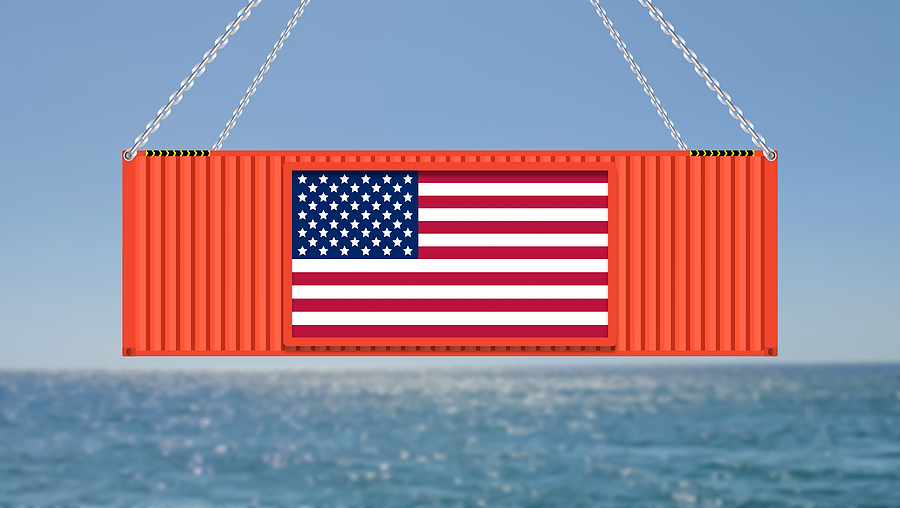 Container suspended with a US flag.