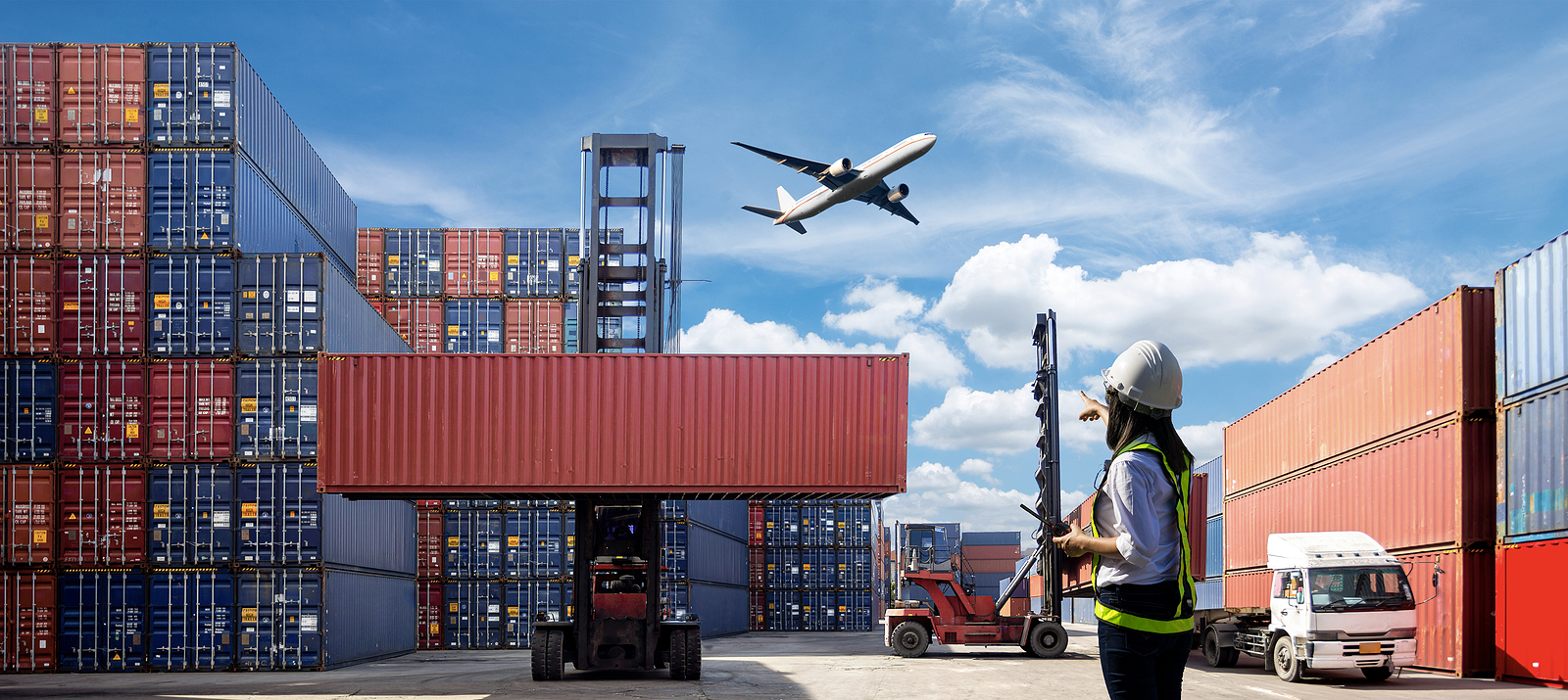 Containers, planes, and trucks are used in logistics.
