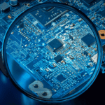 Magnifying glass over a semiconductor chip.