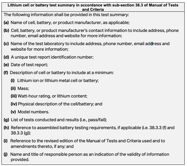 lithium-ion battery shipping regulations, Required Test Summaries