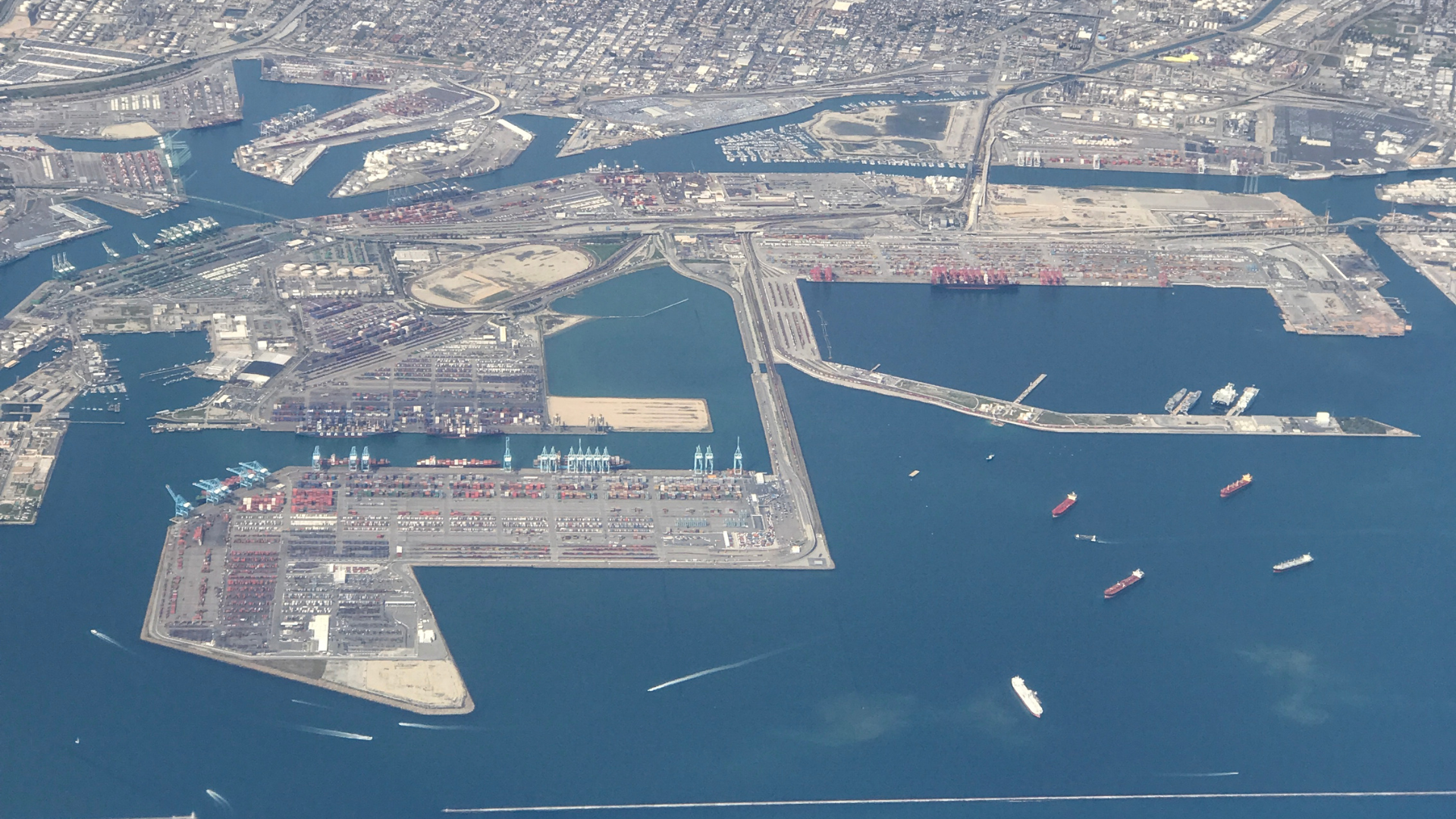 Aerial view of Long Beach Port, a commercial port near Los Angeles, California.