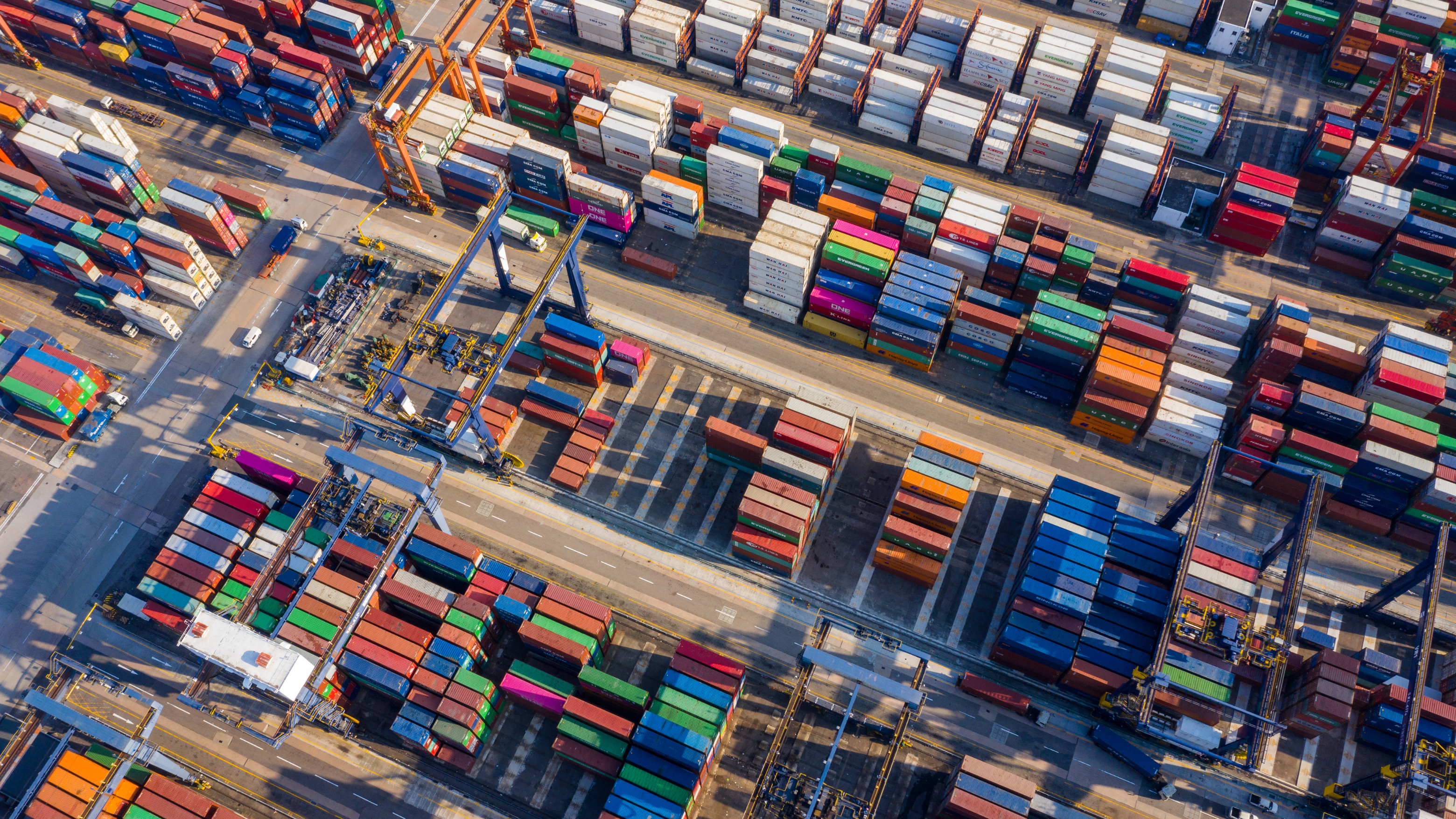 Aerial view of a port. Colorful containers.