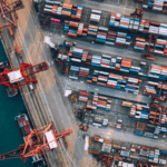 Aerial of shipping containers in container yard