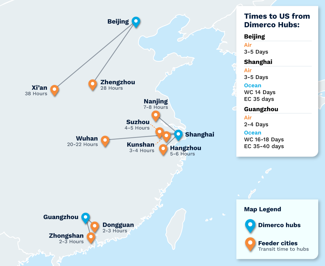 Map of Dimerco China hub location