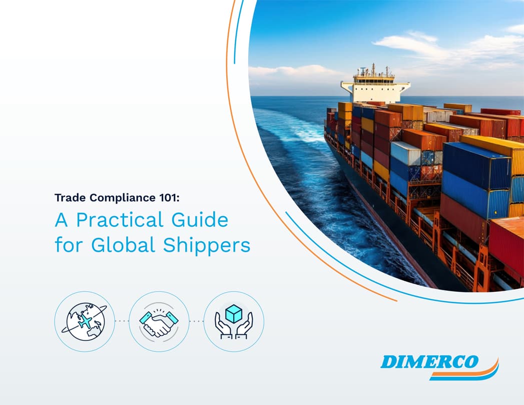 Cover image for the eBook Trade Compliance 101: A Practical Guide for Global Shippers showing a cargo ship at sea.