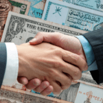 Business handshake over international currencies symbolizing global trade agreements, featured in trade compliance infographic blog post