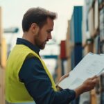 Person reviewing customs documentation at a shipping port
