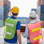 Logistics coordinators and cargo handlers working at a port, stacked cargo containers