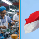 Electronics technicians working in a factory alongside the Indonesian flag, representing Batam logistics and manufacturing expansion in Southeast Asia