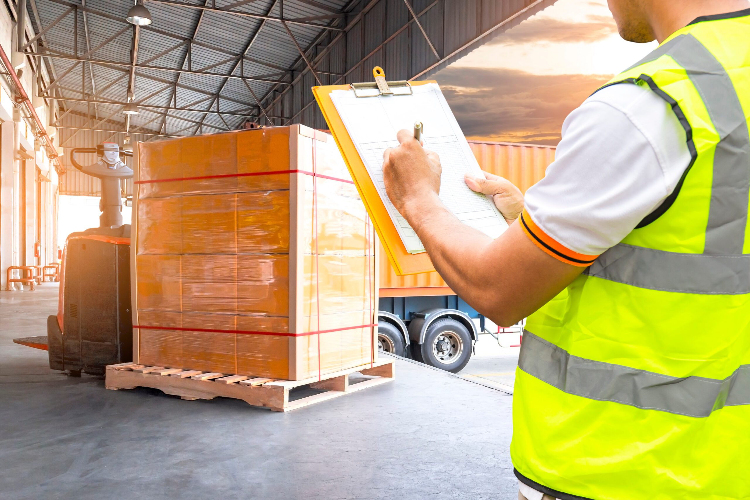 Cargo,Shipment,Loading,For,Truck.worker,Holding,Clipboard,,His,Inspecting,Document freight on trucks being transported to aircrafts