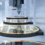 Silicon wafers being processed in a cleanroom facility as part of the global semiconductor supply chain