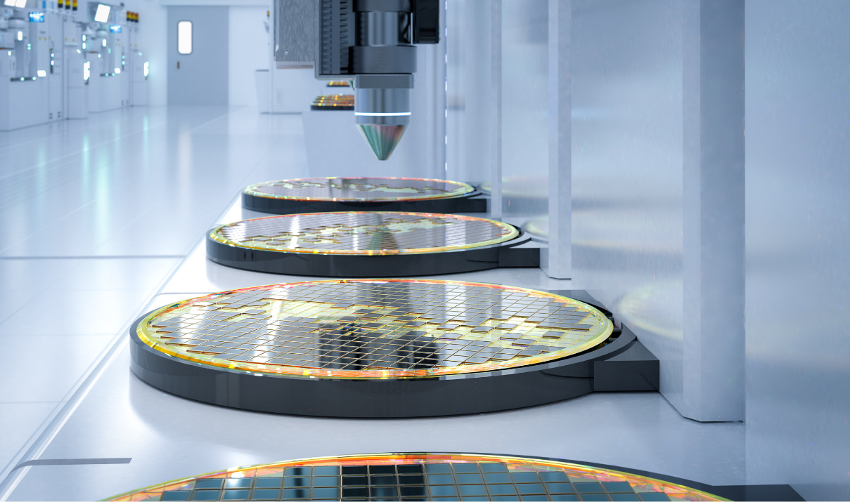 Silicon wafers being processed in a cleanroom facility as part of the global semiconductor supply chain