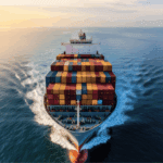 A container vessel transporting cargo across international waters, symbolizing the logistics and freight challenges involved in global business expansion