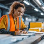 Logistics worker reviewing documents related to customs bond amount and tariff compliance inside a distribution facility