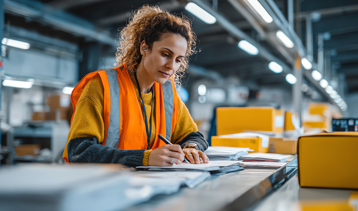 Logistics worker reviewing documents related to customs bond amount and tariff compliance inside a distribution facility