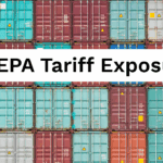 Colorful stacked shipping containers representing global trade, with the word IEEPA highlighting current tariff actions and their financial impact on U.S. importers.
