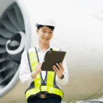 MRO technician using tablet in front of aircraft engine, representing aerospace MRO supply chain operations