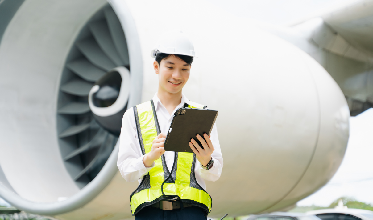 MRO technician using tablet in front of aircraft engine, representing aerospace MRO supply chain operations