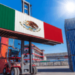 Container with Mexican flag at port, representing IMMEX-supported exports to the U.S.
