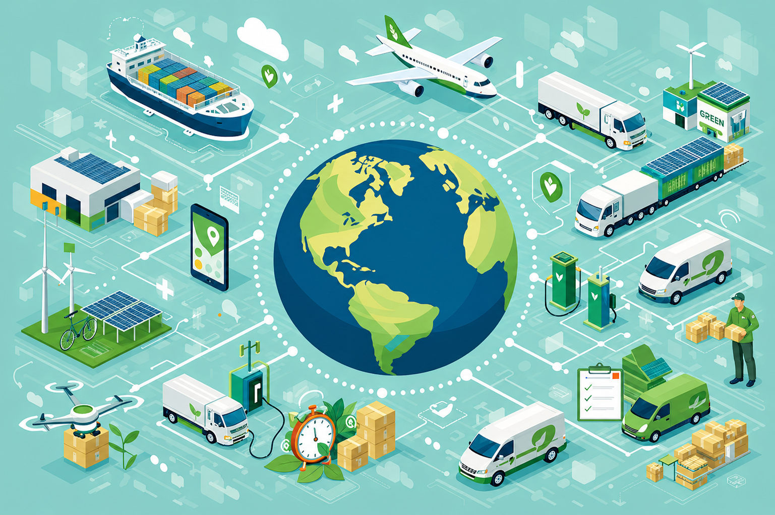 Illustration of sustainable logistics network featuring eco-friendly trucks, cargo ship, airplane, renewable energy, and connected global supply chain systems.