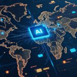 Digital world map connected to a central AI microchip, representing the logistics and global infrastructure required to build and scale AI data centers worldwide.