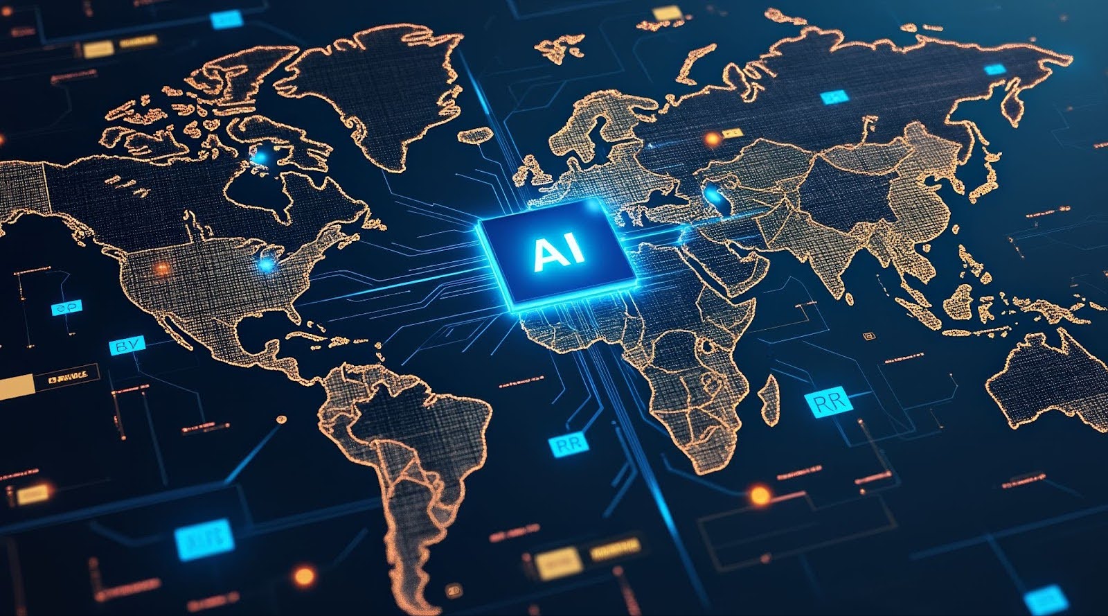 Digital world map connected to a central AI microchip, representing the logistics and global infrastructure required to build and scale AI data centers worldwide.
