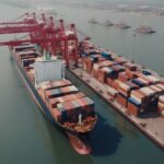 Container ship loading at port terminal illustrating global supply chain strategy and freight movement