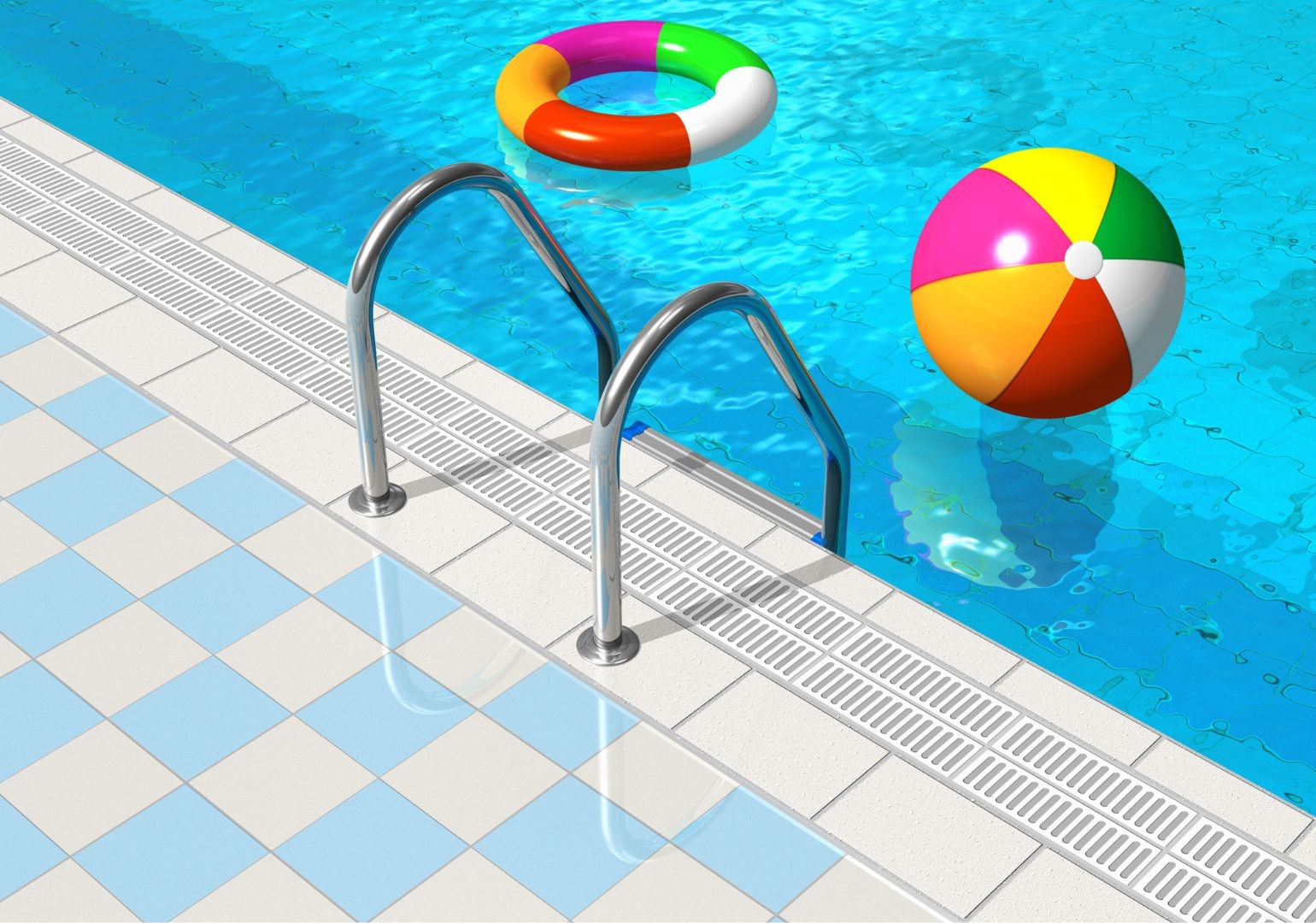 Swimming pool with a colorful ball and a swim ring floating