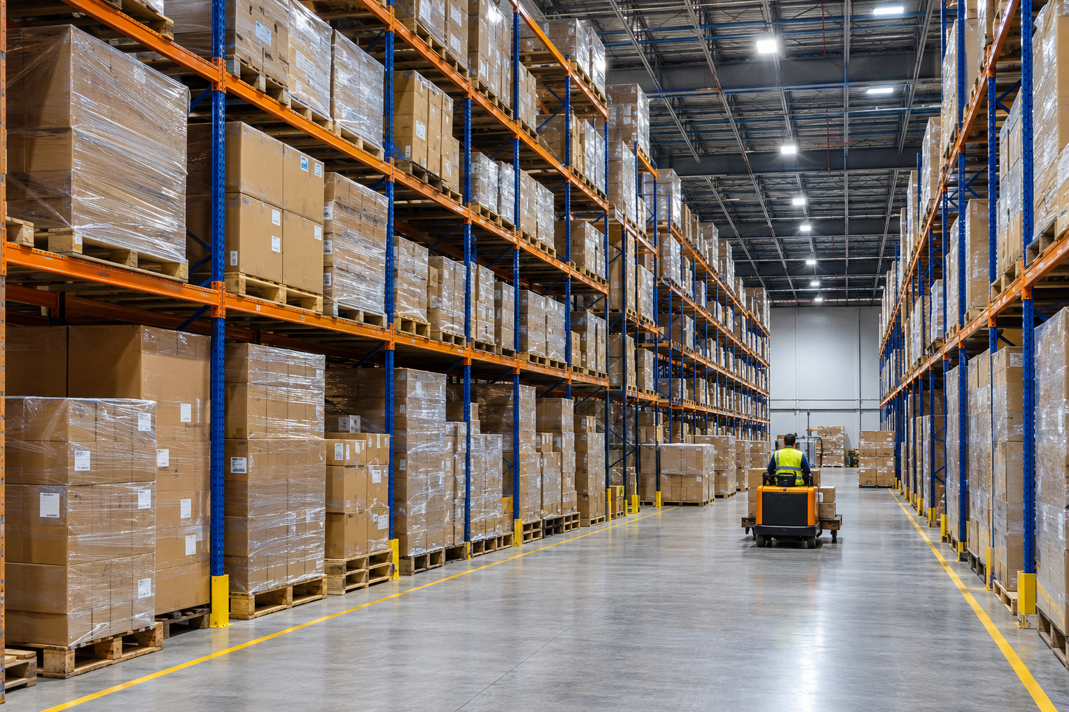 Large industrial warehouse with organized shelving units filled with labeled boxes and pallets, illustrating storage and inventory management typical of a customs bonded warehouse in India.