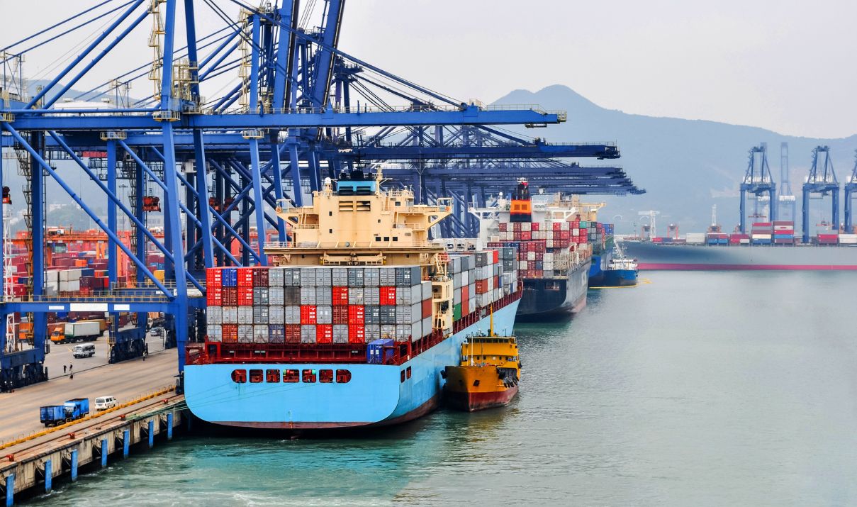 Container ships docked at a major port terminal, illustrating global container trade and international cargo movement.