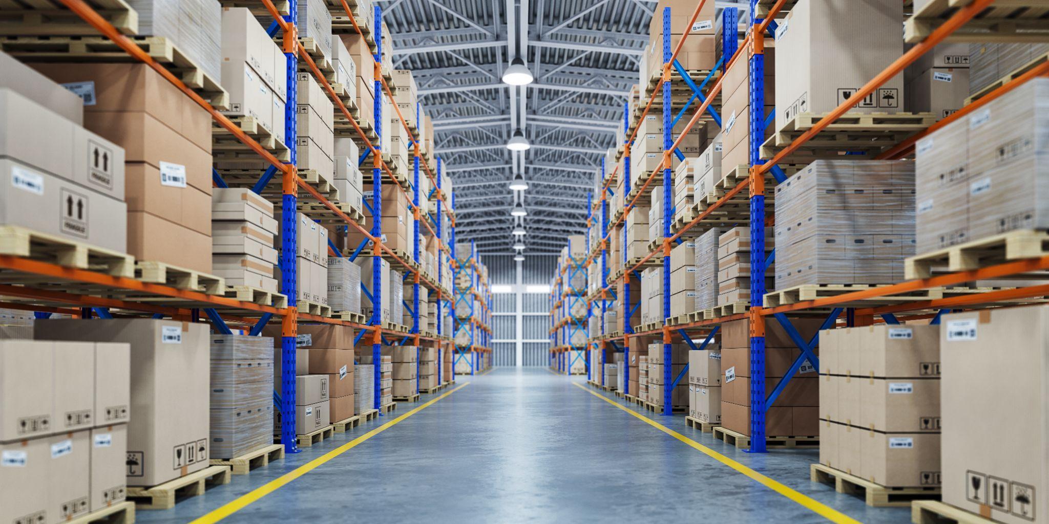 Modern warehouse facility with high-bay storage racks, palletized inventory, and organized distribution space, representing warehousing in China and Southeast Asia, supply chain management, and third-party logistics services.