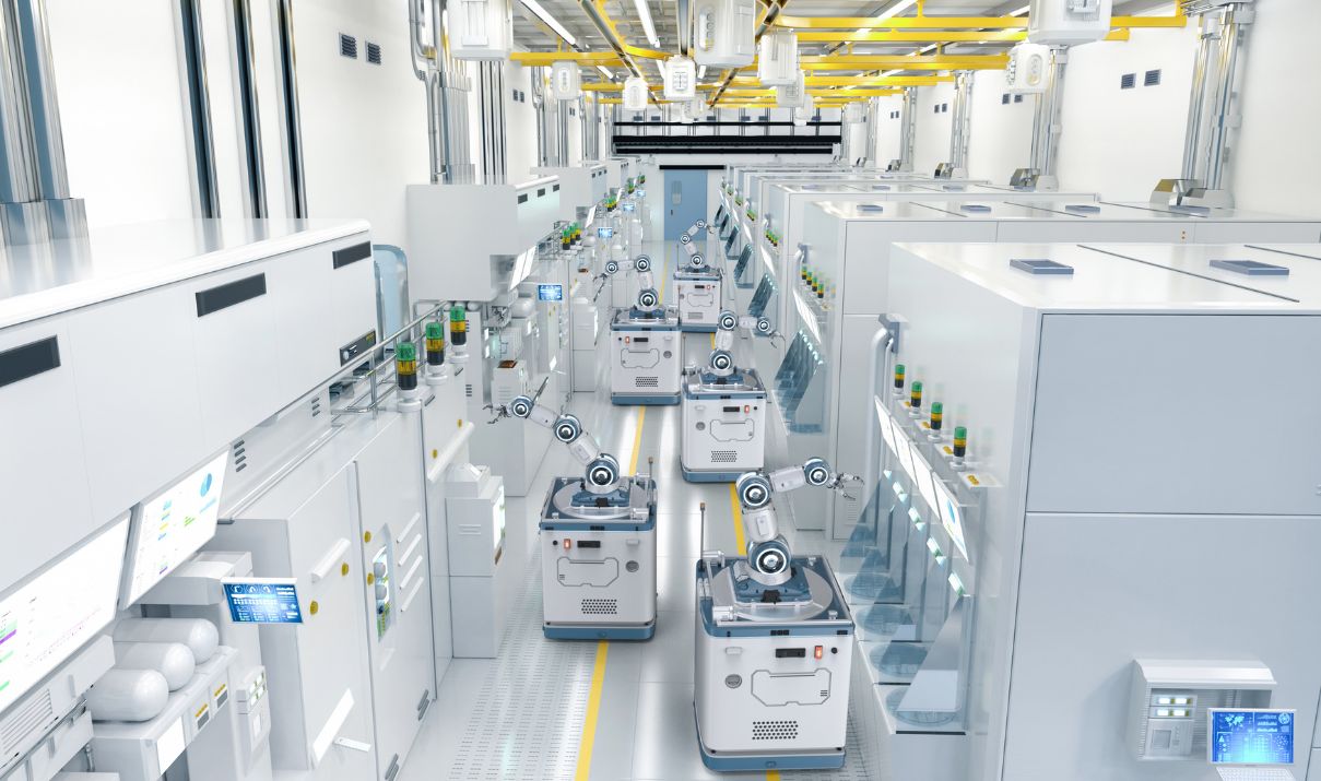 Engineer inspecting a semiconductor wafer in a cleanroom, supporting global semiconductor transportation