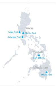 Major seaports supporting shipping from the Philippines including Manila, Cebu, Subic, Batangas, and Davao