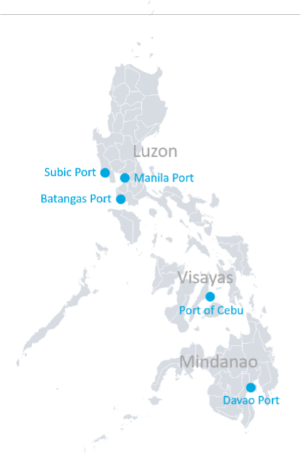 Major seaports supporting shipping from the Philippines including Manila, Cebu, Subic, Batangas, and Davao