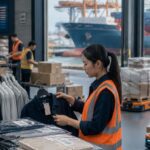 Fashion supply chain operations showing apparel inspection, warehouse inventory, and cargo ships at a global logistics hub.