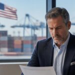 Business professional reviewing trade documents as part of U.S. Tariff Landscape planning with a U.S. port in the background