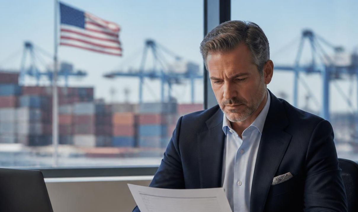 Business professional reviewing trade documents as part of U.S. Tariff Landscape planning with a U.S. port in the background