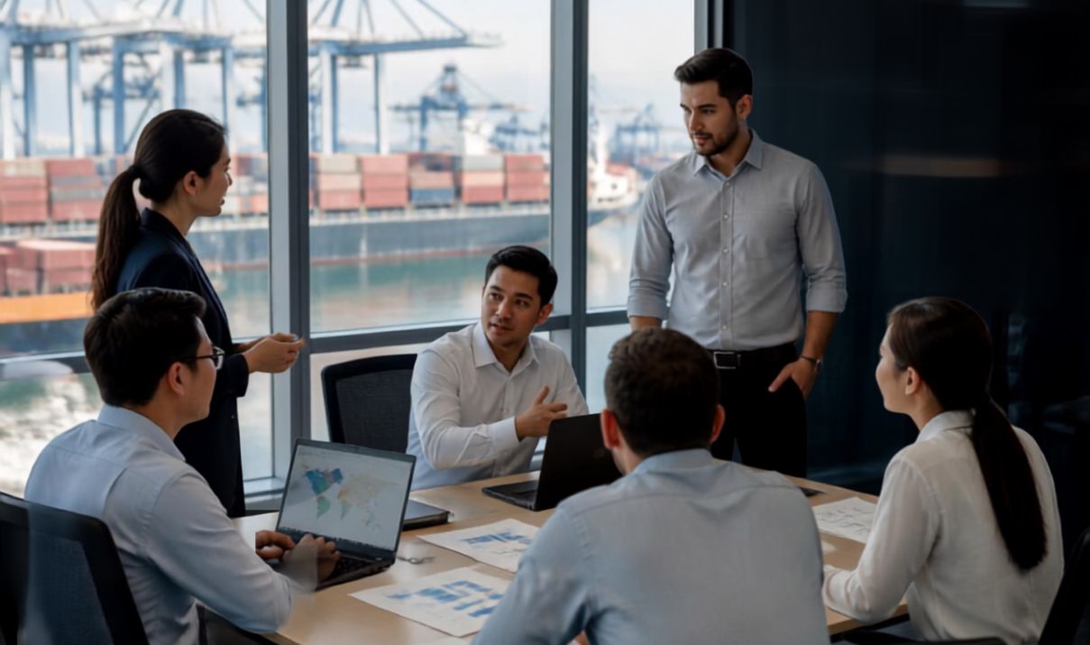 International freight forwarder team discussing logistics operations at a container port