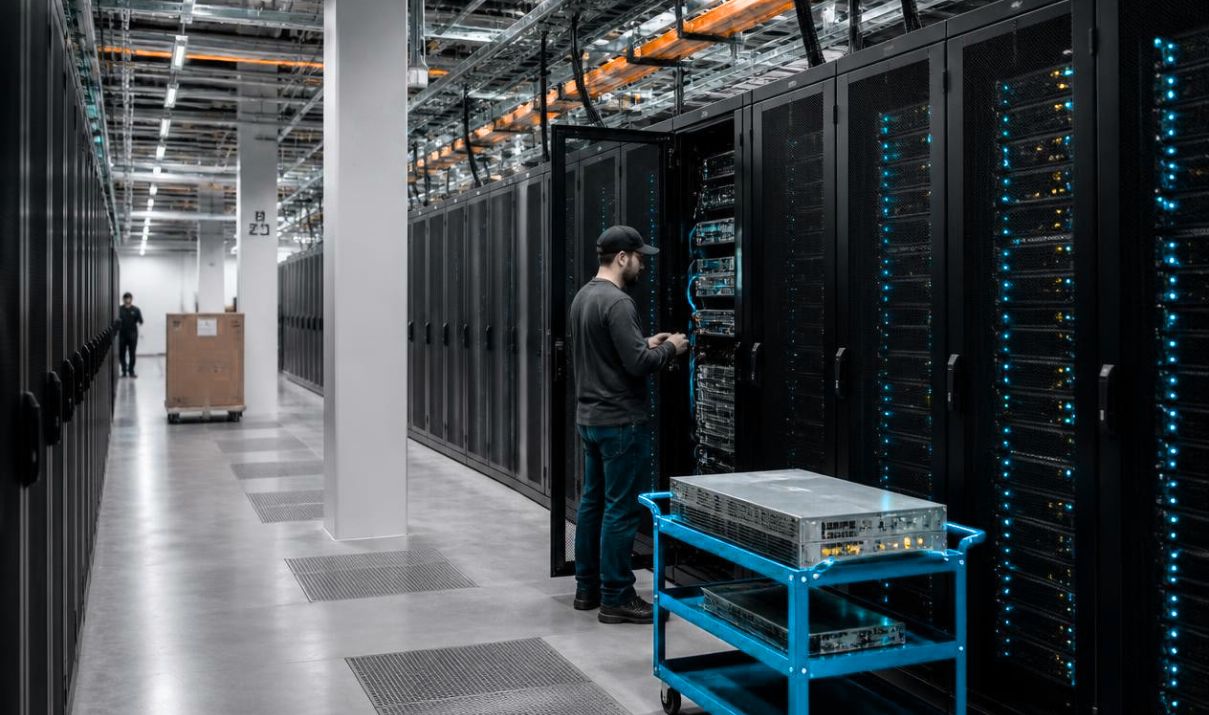 AI data center logistics with server racks, palletized equipment and a technician inside a modern data center
