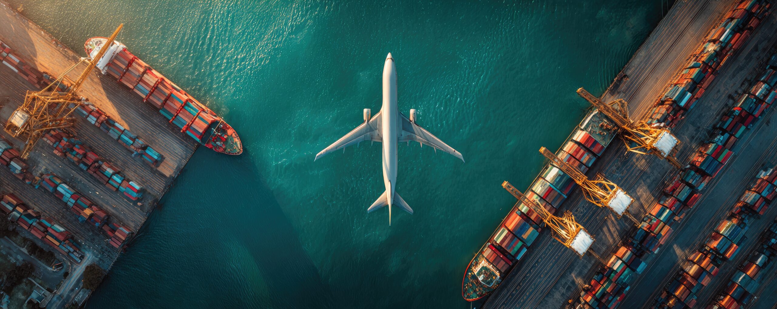 Aerial view of an airplane flying over cargo ships at a port