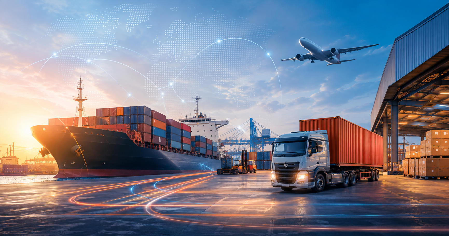 Cargo ship, freight truck and airplane representing cost-efficient global logistics and multimodal supply chain transportation.