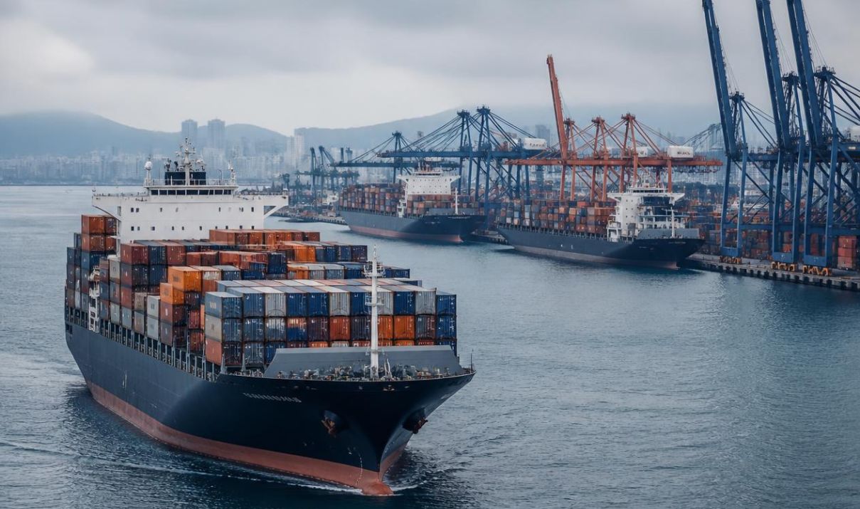 Container ships moving through a busy port with cranes and stacked containers in the background
