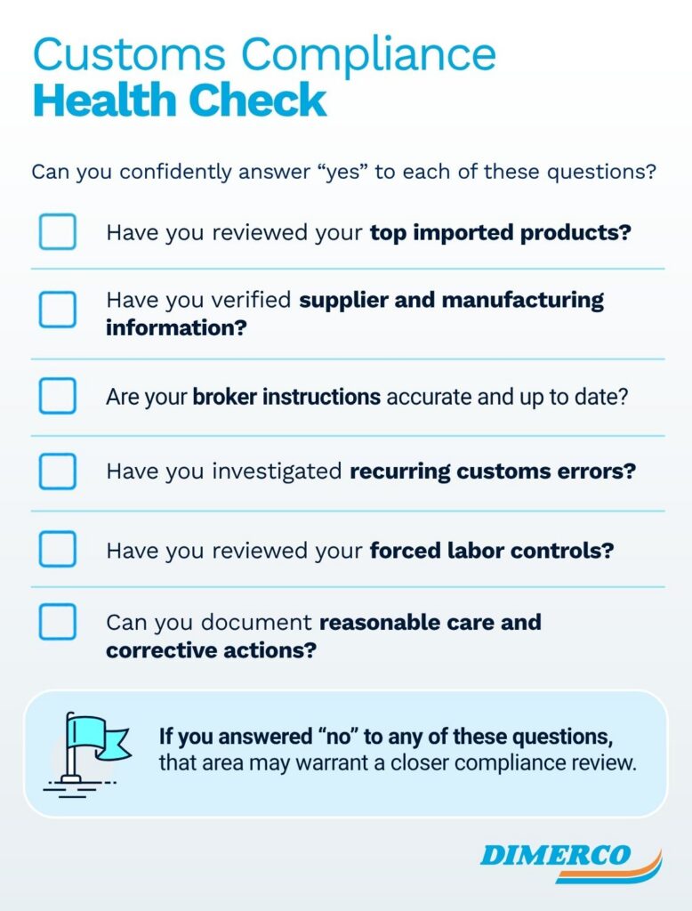 Customs compliance health check for U.S. importers reviewing key areas related to trade fraud enforcement, including suppliers, broker instructions, forced labor controls and reasonable care