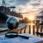 Global trade compliance review with cargo ship, freight containers, customs documents and risk analysis tools.