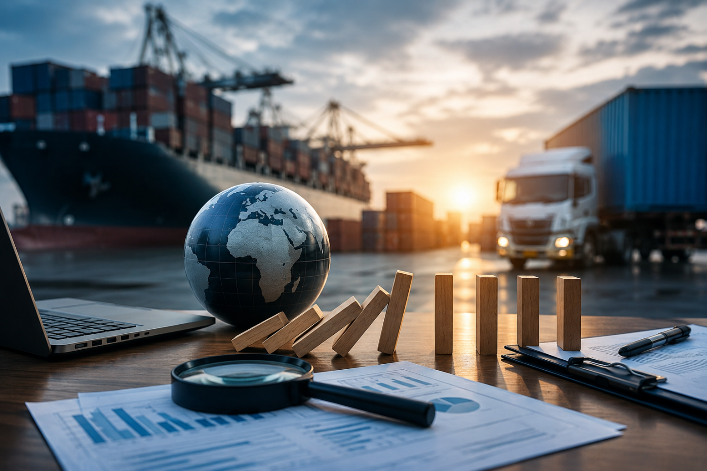 Global trade compliance review with cargo ship, freight containers, customs documents and risk analysis tools.