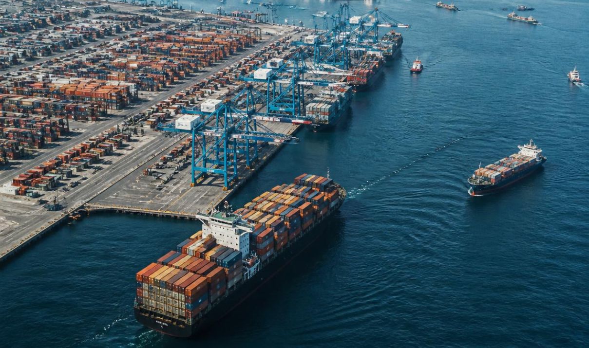 Aerial view of container ships approaching a busy terminal with rows of containers and gantry cranes