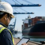 Local logistics professional reviewing shipment details on a tablet at a container port, with a cargo ship behind him