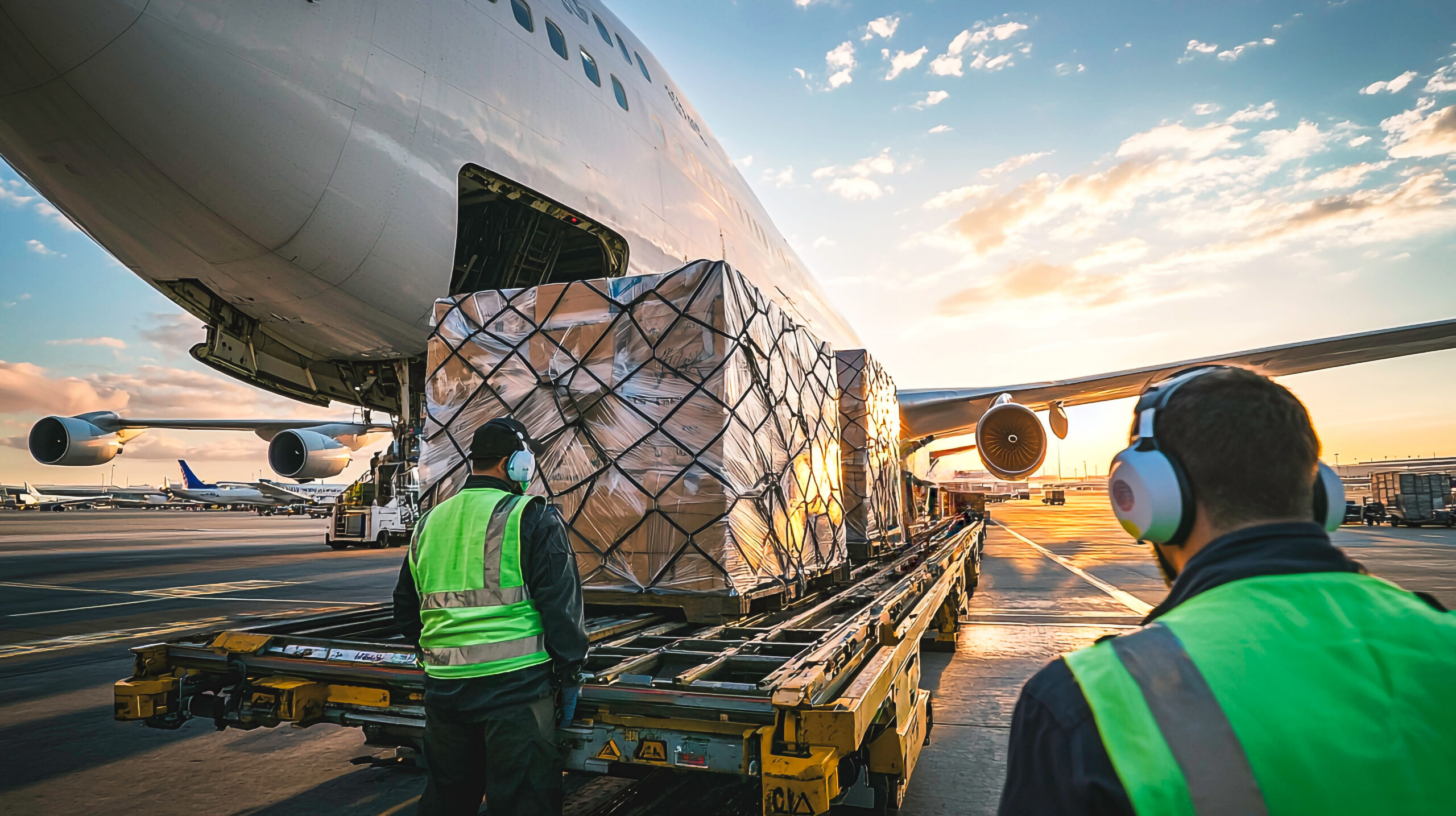 Air cargo ground handlers loading palletized freight onto an aircraft, illustrating air freight terminal handling charges and airport cargo operations.